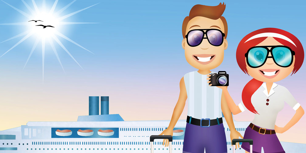 A stock photo shows two cartoons on an adults-only vacation. They're dressed in sunglasses, with a cruise ship behind them.