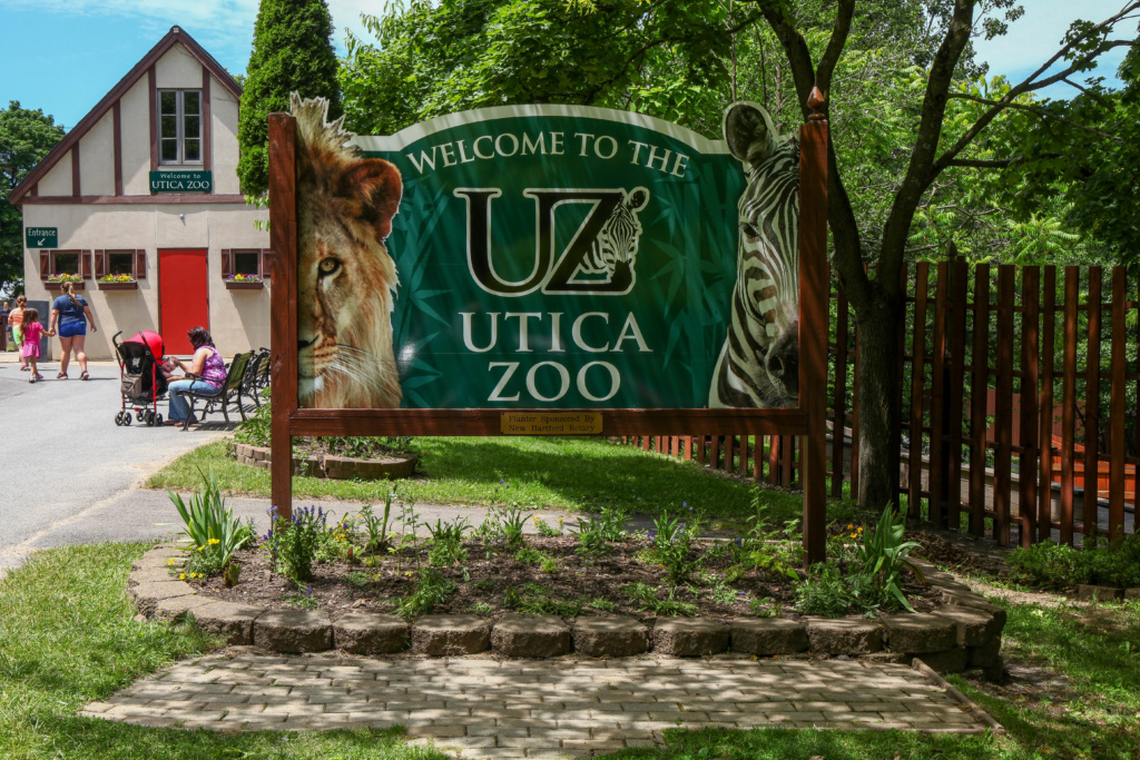 A green sign reads "Welcome to the Utica Zoo," with a half face of a lion on the left and a half face of a zebra on the right.