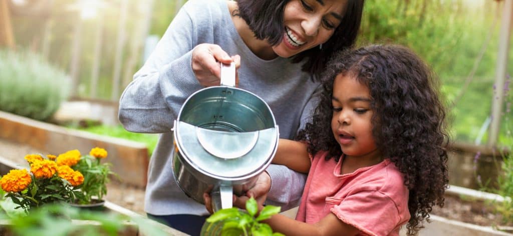 mom and daughter gardening