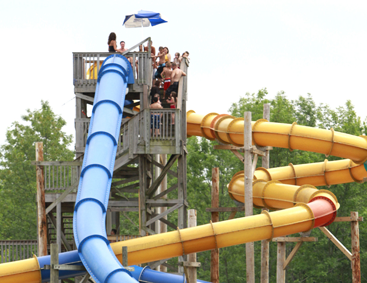Kids waiting to go down water slide at Thunder Island Water Park