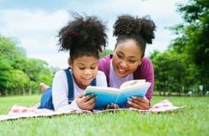 Mother and daughter reading book on blanket in a park