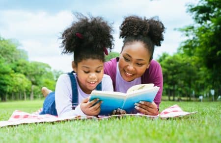 Mother and daughter reading book on blanket in a park